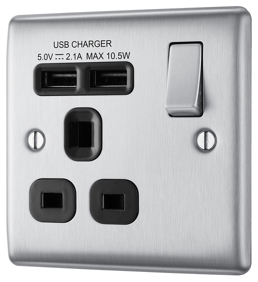 NBS21U2B Front - This 13A single power socket from British General comes with two USB charging ports allowing you to plug in an electrical device and charge mobile devices simultaneously without having to sacrifice a power socket.