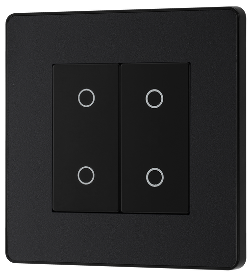 PCDMBTDM2B Front - This Evolve Matt Black double master trailing edge touch dimmer allows you to control your light levels and set the mood. The intelligent electronic circuit monitors the connected load and provides a soft-start with protection against thermal, current and voltage overload