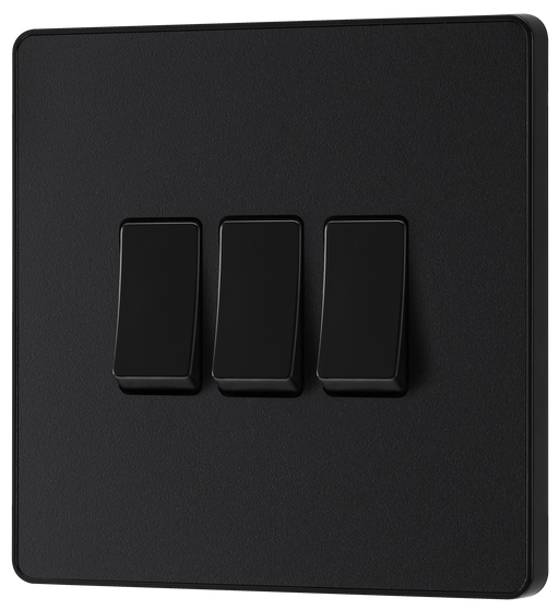 PCDMB43B Front - This Evolve Matt Black 20A 16AX triple light switch from British General can operate 3 different lights, whilst the 2 way switching allows a second switch to be added to the circuit to operate the same light from another location (e.g. at the top and bottom of the stairs).