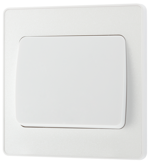 PCDCL12WW Front - This Evolve pearlescent white 20A 16AX single light switch from British General will operate one light in a room. The 2 way switching allows a second switch to be added to the circuit to operate the same light from another location (e.g. at the top and bottom of the stairs).