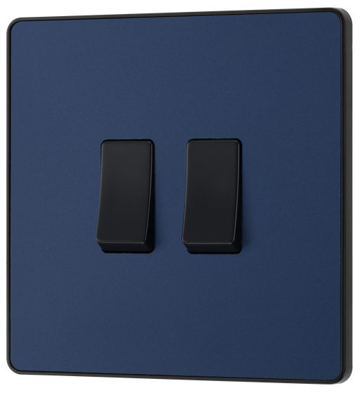 PCDDB42B Front - This Evolve Matt Blue 20A 16AX double light switch from British General can operate 2 different lights, whilst the 2 way switching allows a second switch to be added to the circuit to operate the same light from another location (e.g. at the top and bottom of the stairs).