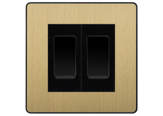 BG Electrical Evolve Satin Brass 2-Gang Light Switch 1x 2-Way + 1x Intermediate – Black Inserts by British General (BG-Evolve-SB-2G-Combo-1x INT-1x 2WAY BL)