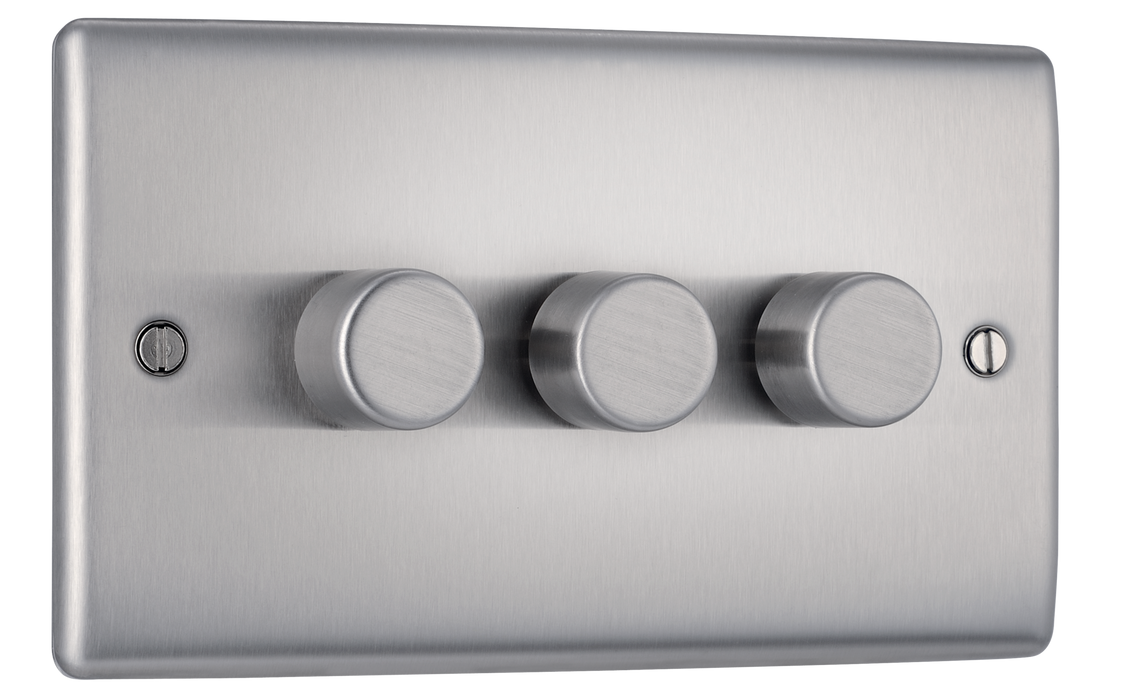 NBS83 Front -This trailing edge triple dimmer switch from British General allows you to control your light levels and set the mood.