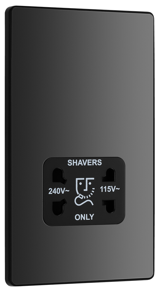 PCDBC20B Front - This Evolve Black Chrome dual voltage shaver socket from British General is suitable for use with 240V and 115V shavers and electric toothbrushes.