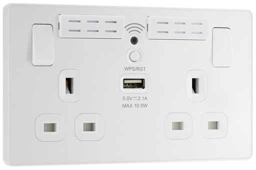 PCDCL22UWRW Front - This Evolve pearlescent white 13A double power socket with integrated Wi-Fi Extender from British General will eliminate dead spots and expand your Wi-Fi coverage.