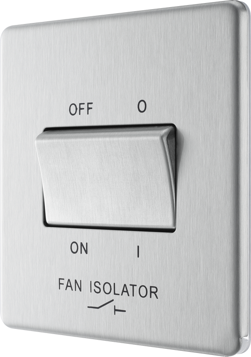 FBS15 Front - This Screwless Flat plate brushed steel finish 10A triple pole fan isolator switch from British General provides a safe and simple method of isolating mechanical fan units. 
