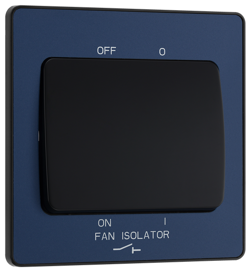 PCDDB15B Front - This Evolve Matt Blue 10A triple pole fan isolator switch from British General provides a safe and simple method of isolating mechanical fan units. This switch has a low profile screwless flat plate that clips on and off, making it ideal for modern interiors.