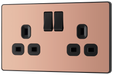 PCDCP22B Front - This Evolve Polished Copper 13A double switched socket from British General has been designed with angled in line colour coded terminals and backed out captive screws for ease of installation, and fits a 25mm back box making it an ideal retro-fit replacement for existing sockets.