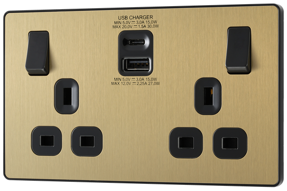 BG Evolve PCDSB22UAC30B Satin Brass 2 Gang 13A Socket-Black Insert by British General (BG-PCDSB22UAC30B-Shopify-SA_1)