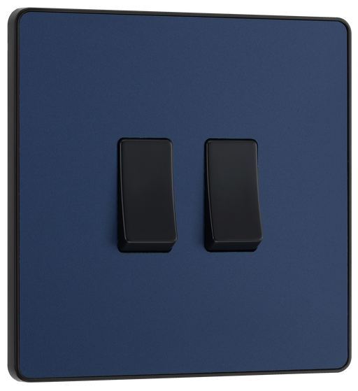 PCDDB42B Front - This Evolve Matt Blue 20A 16AX double light switch from British General can operate 2 different lights, whilst the 2 way switching allows a second switch to be added to the circuit to operate the same light from another location (e.g. at the top and bottom of the stairs).