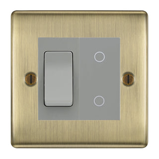 BG Antique Brass 2 Gang Custom Switch 1x 2 Way Switch 1x Master Touch Dimmer Grey Inserts by British General (BG-Nexus-AB-2G-1x 2-Way Switch-1x MTD-GI)
