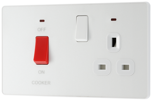 PCDCL70W Front - This Evolve pearlescent white 45A cooker control unit from British General includes a 13A socket for an additional appliance outlet, and has flush LED indicators above the socket and switch.