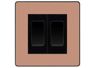 BG Electrical Evolve Polished Copper 2-Gang Light Switch 1x 2-Way + 1x Intermediate – Black Inserts by British General (BG-EVOLVE-CP-2G-COMBO-1x-INT-1x-2WAY-BL)