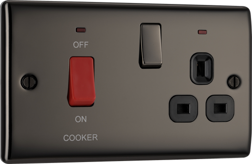 NBN70B Front - This 45A cooker control unit from British General includes a 13A socket for an additional appliance outlet, and has flush LED indicators above the socket and switch.