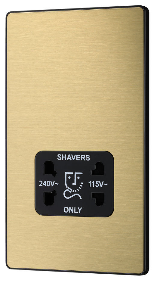 PCDSB20B Front - This Evolve Satin Brass dual voltage shaver socket from British General is suitable for use with 240V and 115V shavers and electric toothbrushes.