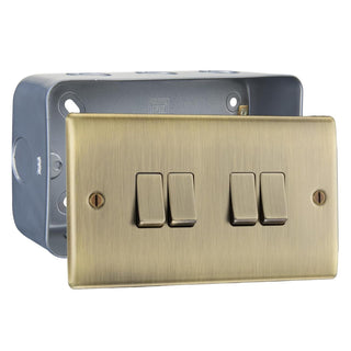 Antique Brass 20A 16AX 2 Way Quadruple Light Switch & Surface Pattress Back Box by British General (BG-NAB44+MC502)