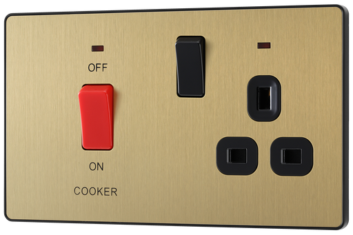 PCDSB70B Front - This Evolve Satin Brass 45A cooker control unit from British General includes a 13A socket for an additional appliance outlet, and has flush LED indicators above the socket and switch.
