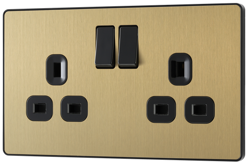 PCDSB22B Front - This Evolve Satin Brass 13A double switched socket from British General has been designed with angled in line colour coded terminals and backed out captive screws for ease of installation, and fits a 25mm back box making it an ideal retro-fit replacement for existing sockets.