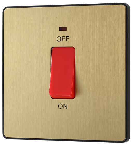 PCDSB74B Front - This Evolve Satin Brass 45A double pole switch with indicator from British General is ideal for use with cookers and ovens. This switch has a low profile screwless flat plate that clips on and off, making it ideal for modern interiors.