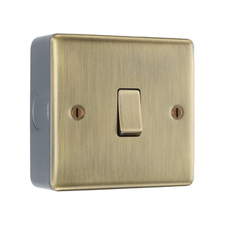 Antique Brass 1 Gang Single Light Switch & Surface Pattress Back Box by British General (BG-NAB12+MC501)
