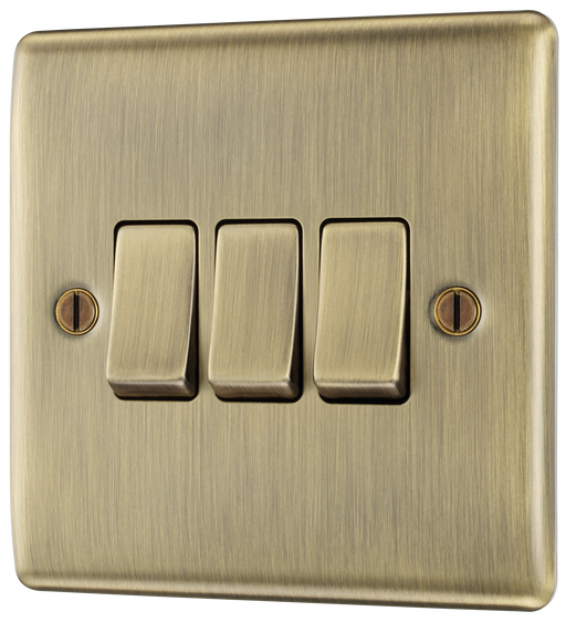 NAB43 Front - This antique brass finish 20A 16AX triple light switch from British General can operate 3 different lights whilst the 2 way switching allows a second switch to be added to the circuit to operate the same light from another location (e.g. at the top and bottom of the stairs).