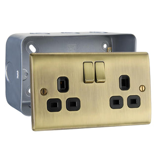 Antique Brass 13A Switched Double Socket & Surface Pattress Back Box by British General (BG-NAB22B+MC502)