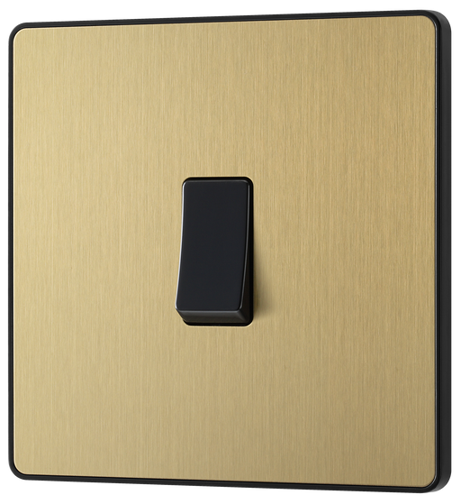 PCDSB12B Front - This Evolve Satin Brass 20A 16AX single light switch from British General will operate one light in a room. The 2 way switching allows a second switch to be added to the circuit to operate the same light from another location (e.g. at the top and bottom of the stairs).