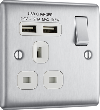 BG NBS21U2W Nexus Metal Brushed Steel 1 Gang 13A 2x USB-A 2.1A Switched Socket - White Insert by British General (BG-NBS21U2W-Shopify-SA_1)