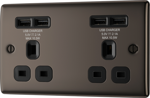 NBN24U44B Front - This 13A double power socket from British General comes with four USB charging ports allowing you to plug in an electrical device and charge mobile devices simultaneously without having to sacrifice a power socket.