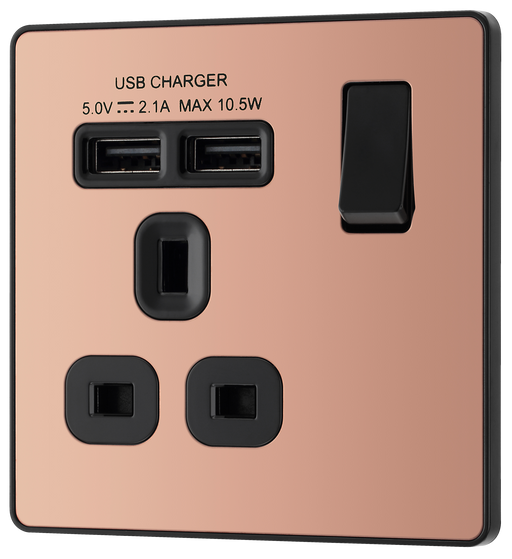 PCDCP21U2B Front - This Evolve Polished Copper 13A single power socket from British General comes with two USB charging ports, allowing you to plug in an electrical device and charge mobile devices simultaneously without having to sacrifice a power socket.