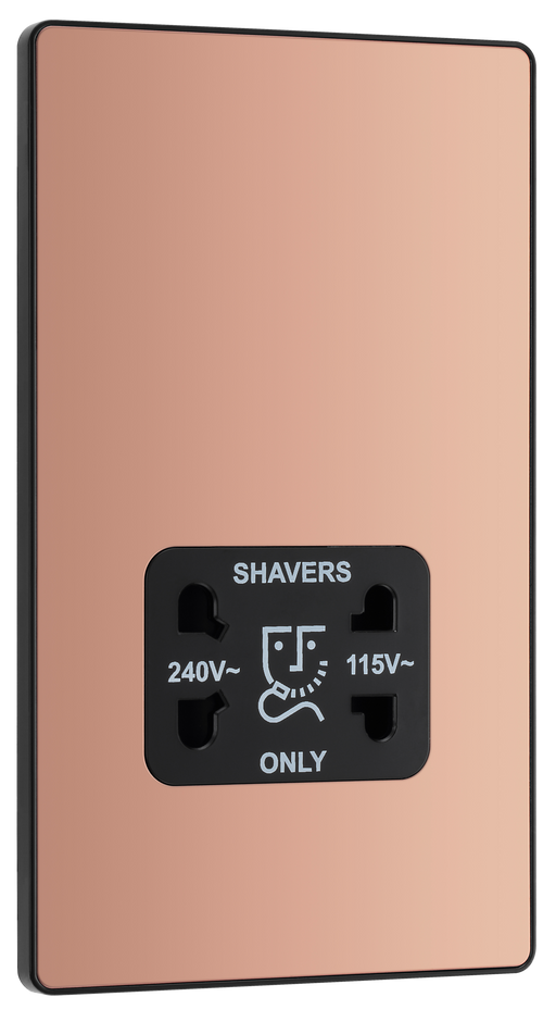 PCDCP20B Front - This Evolve Polished Copper dual voltage shaver socket from British General is suitable for use with 240V and 115V shavers and electric toothbrushes.