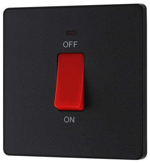 PCDMB74B Front - This Evolve Matt Black 45A double pole switch with indicator from British General is ideal for use with cookers and ovens. This switch has a low profile screwless flat plate that clips on and off, making it ideal for modern interiors.