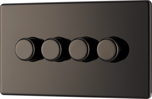 FBN84 Front -This trailing edge quadruple dimmer switch from British General allows you to control your light levels and set the mood. The intelligent electronic circuit monitors the connected load and provides a soft-start with protection against thermal, current and voltage overload.