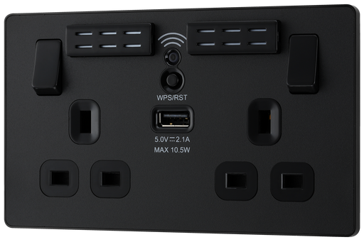 PCDMB22UWRB Front - This Evolve Matt Black 13A double power socket with integrated Wi-Fi Extender from British General will eliminate dead spots and expand your Wi-Fi coverage. 