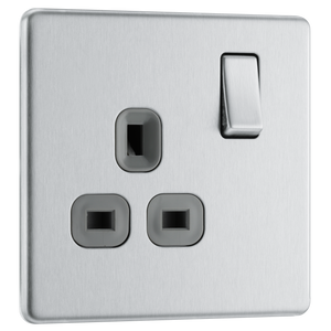 BG Electrical FBS21G Nexus Screwless Flat-Plate Single Switched Plug Socket Brushed Steel Grey Insert 13A by British General (BG-FBS21G-Shopify-SA_1)