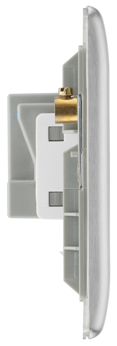 NBS24W Side - This brushed steel finish 13A double unswitched socket from British General has a sleek and slim profile with softly rounded edges and an anti-fingerprint lacquer for a luxurious finish. This socket has been designed with angled in line colour coded terminals and backed out captive screws for ease of installation.