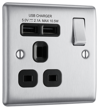 BG NBS21U2B Metal Brushed Steel 1 Gang 13A 2x USB-A 2.1A Switch Socket Black Insert by British General (BG-NBS21U2B-Shopify-SA_1)