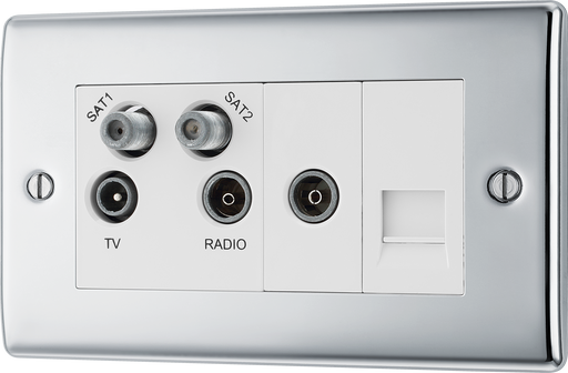 NPC69 Front - This screened Quadplex socket from British General has an outlet for TV FM and 2 satellites, plus a return and shuttered telephone socket.