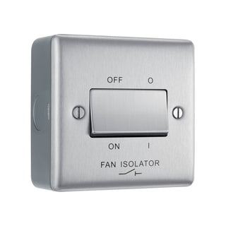 Brushed Steel 10A Triple Pole Fan Isolator Switch & Surface Pattress Back Box by British General (BG-NBS15+MC501)