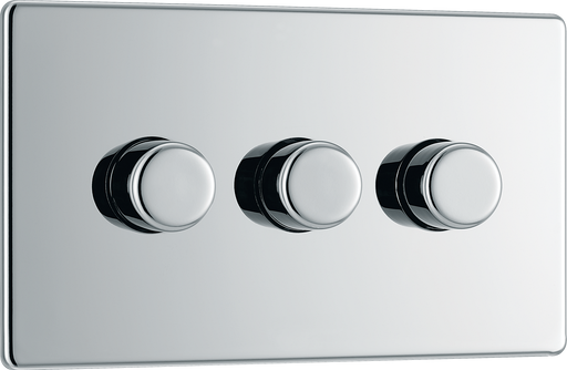 FPC83 Front - This trailing edge triple dimmer switch from British General allows you to control your light levels and set the mood. The intelligent electronic circuit monitors the connected load and provides a soft-start with protection against thermal.