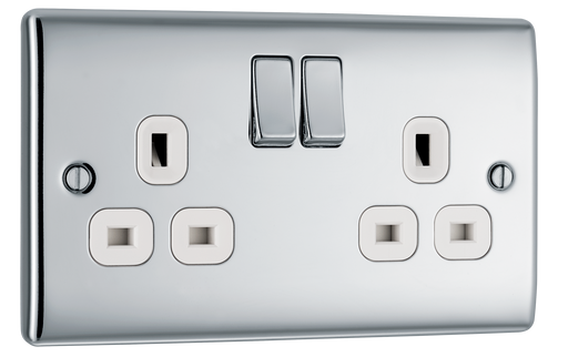 NPC22W Front - This polished chrome finish 13A double switched socket from British General has a sleek and slim profile, with softly rounded edges and no visible plastic around the switch to add a touch of luxury to your decor.