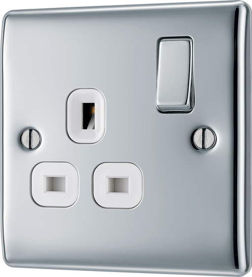 NPC21W Front - This polished chrome finish 13A single switched socket from British General has a sleek and slim profile with softly rounded edges and no visible plastic around the switch to add a touch of luxury to your decor.