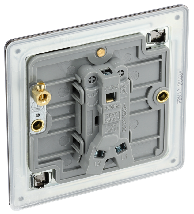 FBN12 Back - This Screwless  Flat plate black nickel finish 20A 16AX single light switch from British General will operate one light in a room.