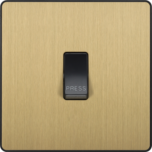 PCDSB14B Front - This Evolve Satin Brass bell push switch from British General is ideal for use where access is restricted such as office buildings or hospitals, where visitors need to let those inside know they have arrived. This switch has a low profile screwless flat plate that clips on and off, making it ideal for modern interiors.