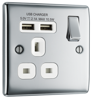 BG NPC21U2W Nexus Metal Polished Chrome 1 Gang 13A 2x USB-A 2.1A Switched Socket - White Insert by British General (BG-NPC21U2W-Shopify-SA_1)
