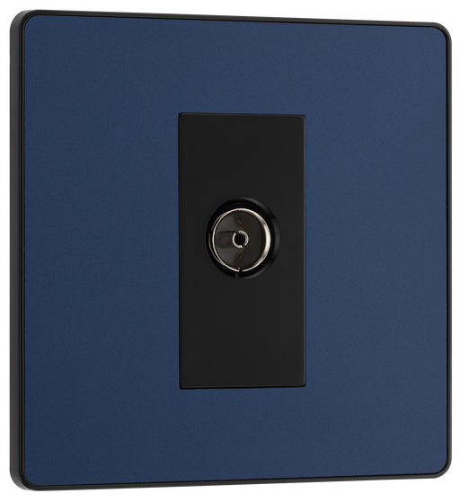 PCDDB60B Front - This Evolve Matt Blue single coaxial socket from British General can be used for TV or FM aerial connections. This socket has a low profile screwless flat plate that clips on and off, making it ideal for modern interiors.
