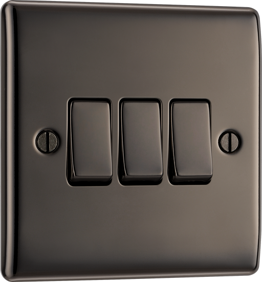 NBN43 Front - This black nickel finish 20A 16AX triple light switch from British General can operate 3 different lights whilst the 2 way switching allows a second switch to be added to the circuit to operate the same light from another location (e.g. at the top and bottom of the stairs).
