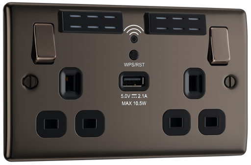 NBN22UWRB Front - This 13A double power socket with integrated Wi-Fi Extender from British General will eliminate dead spots and expand your Wi-Fi coverage.