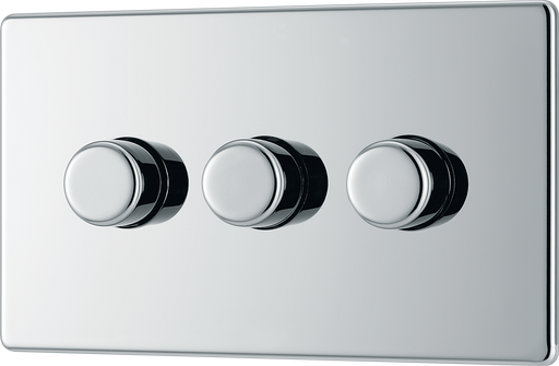 FPC83 Front - This trailing edge triple dimmer switch from British General allows you to control your light levels and set the mood. The intelligent electronic circuit monitors the connected load and provides a soft-start with protection against thermal.