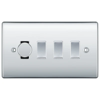 BG Nexus Polished Chrome 4 Gang Switch 1x Trailing Edge LED Dimmer 3x Intermediate Custom Grid Switch